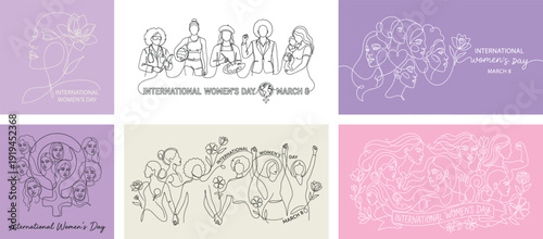 Vector set of International Women's Day illustrations featuring diverse female profiles and symbols. Minimal continuous line art composition with flowers. Editable designs for Women's Day cards
