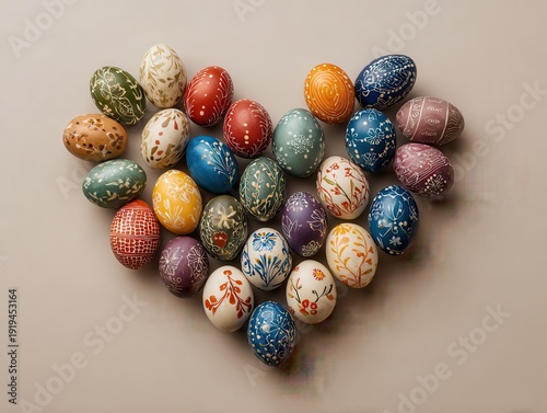 Colorful Hand Painted Easter Eggs Forming Heart Shape on Neutral Background – Festive Spring Holiday Concept