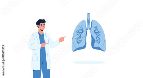 A friendly male doctor in a white lab coat points confidently at a detailed anatomical illustration of healthy human lungs.