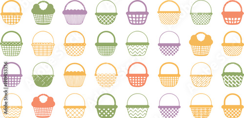 Wicker basket icon set with woven picnic and shopping basket designs, featuring decorative handle patterns, black silhouette and outline illustrations