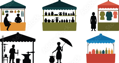 Traditional street market silhouette scene with vendors selling pottery, clothing, handmade crafts, blacksmith working, and outdoor cultural marketplace illustration