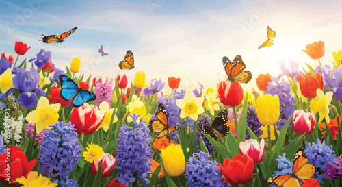 Vibrant spring meadow bursting with colorful blooming tulips daffodils and hyacinths attracts numerous butterflies under bright sunlight