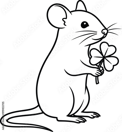 Cute cartoon mouse standing upright while delicately holding a four leaf clover illustration in simple black outline drawing