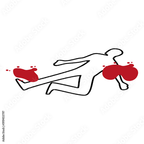 Police Crime Scene Chalk Outline of a Human Body with Red Blood Splatter Marks Illustration for Investigation and Forensics Concept