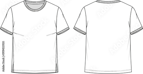 Athletic t shirt mockup front and back view, sport apparel template with side panel detail, outline illustration