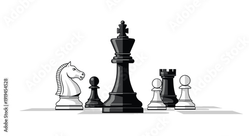 A graphic illustration of various chess pieces including a prominent black king, a white knight, and several pawns and a rook, positioned on a white surface with subtle shadows.