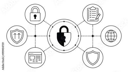 Cybersecurity Network Protection Diagram with Central Lock Icon for Data Security and Digital Privacy Compliance, secure network and access control diagram with central lock, firewall nodes, and 