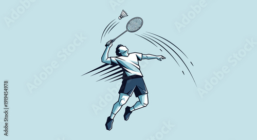 Dynamic illustration of a male badminton player jumping to hit a shuttlecock with a racket, showing motion and energy.