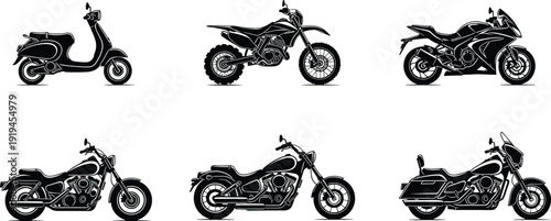 Vector Illustration Set of Diverse Motorcycle Silhouettes Including Scooter Dirt Bike Sportbike and Classic Chopper for Transportation Automotive and Motorbike Enthusiast Designs