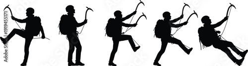 Vector Illustration Set of Ice Climber Silhouettes with Backpacks and Ice Axes for Winter Extreme Sports Mountain Adventure and Outdoor Alpinism Designs