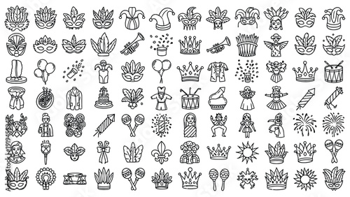 Collection of hand-drawn carnival and Mardi Gras icons, including masks, crowns, musical instruments, and festive celebration elements.