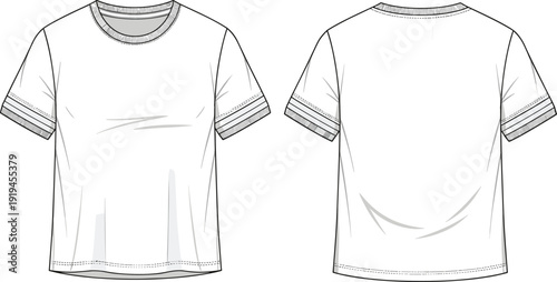 Ringer t shirt mockup front and back view, striped sleeve detail apparel template, casual clothing outline illustration