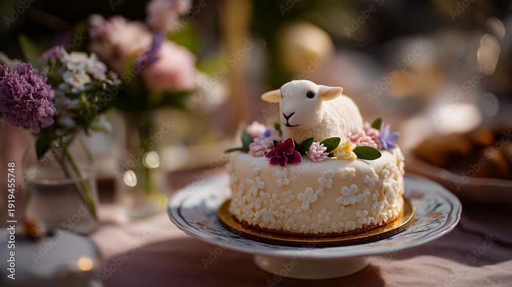 Fototapeta premium Traditional easter lamb shaped cake decorated with pastel colors and edible flowers on a charming dessert table. Delicate lighting brings out the sweetness and celebration of spring festivities.