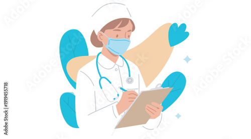 Professional nurse wearing face mask and cap, documenting on clipboard, medical assessment, healthcare vector design