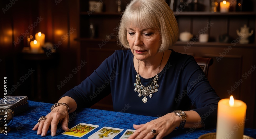 Fototapeta premium Elderly caucasian woman with tarot cards in dim candlelit room focused on fortune-telling