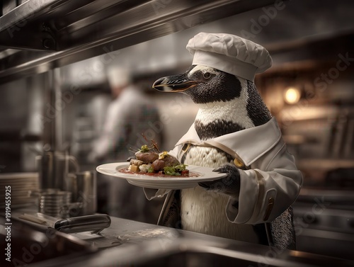 Professional Penguin Chef Serving Gourmet Dish in Stainless Steel Restaurant Kitchen