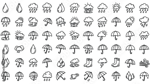 A collection of hand-drawn doodle weather icons featuring rain, clouds, umbrellas, and lightning in a simple sketch style.