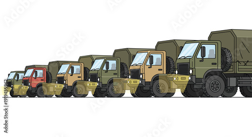 A horizontal progression of various military truck chassis in different colors and sizes is presented on a clean white background.