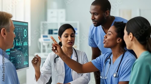 Diverse medical team collaboratively analyzing patient data on a digital screen in a modern hospital setting demonstrating teamwork and focused healthcare consultation