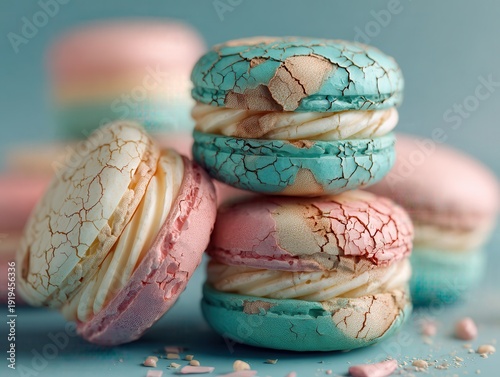 Pastel Cracked Shell Macarons with Cream Filling – Artistic Gourmet Dessert Close-Up
