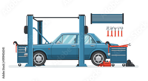 A classic blue car is elevated on a hydraulic lift inside a busy car repair shop, surrounded by various mechanic's tools and equipment.