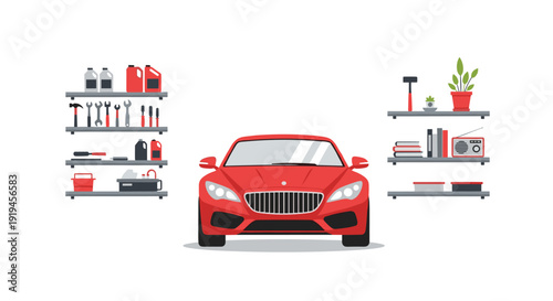 A sleek red sports car is prominently parked inside a well-organized garage featuring shelves stocked with tools and accessories.