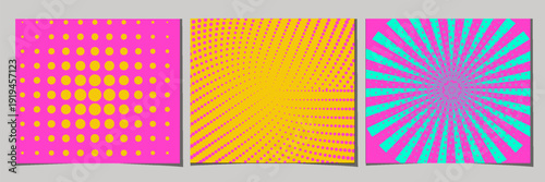 Set of horizontal abstract backgrounds with halftone pattern in neon colors. Collection of gradient textures with geometric ornament. Design template of flyer, banner, cover, poster. Vector