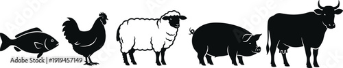 Farm animal silhouettes illustration set with fish, chicken, sheep, pig and cow, agriculture vector graphics, food source design concept, black and white art collection