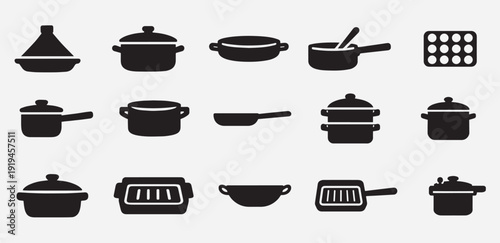 Collection of Cooking Pots and Pans Icons for Kitchenware and Culinary Use