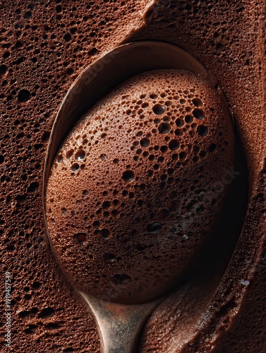 Macro Close-Up of Velvety Chocolate Mousse with Spoon and Rich Aerated Texture