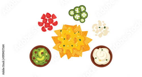 Cheesy nachos are presented with bowls of guacamole, sour cream, diced tomatoes, jalapeos, and onions on white.