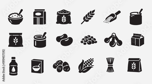Grain and Legume Icons Set: Wheat Beans Corn Flour Bags and Cereal Bowls