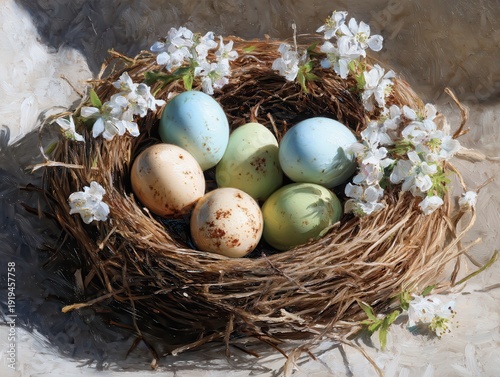 Pastel Easter Eggs in Rustic Bird Nest with Spring Blossoms