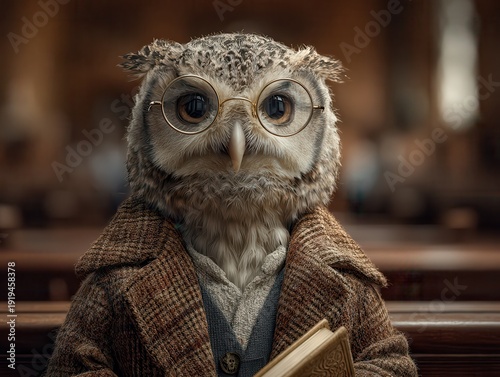 Wise Owl Professor Wearing Glasses Holding Book in Vintage University Lecture Hall