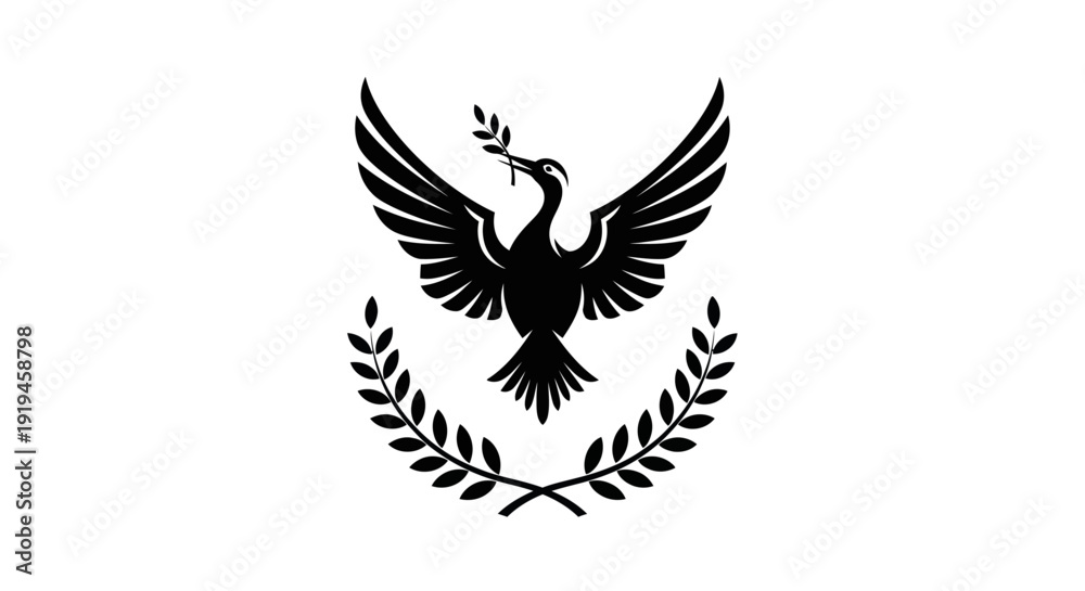 Fototapeta premium Soaring bird with olive branch and laurel wreath