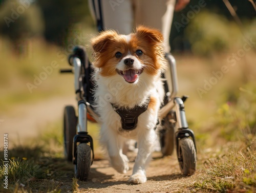 Happy Small Dog Using Pet Wheelchair Walking Outdoors on Sunny Path
