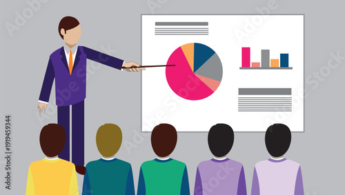 Business trainer presenting data chart to diverse team in modern office with colorful pie graph