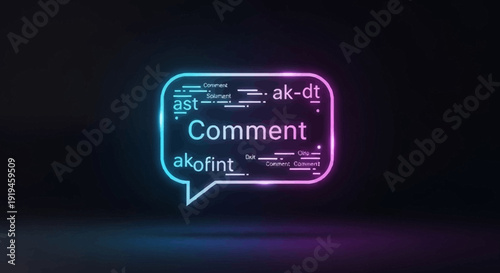 A neon-outlined speech bubble with the word 'Comment' prominently displayed amidst a cloud of smaller words, set against a dark background with a reflective surface.