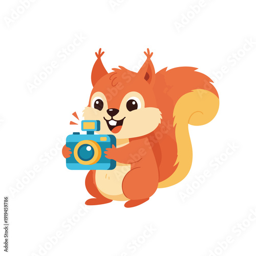 A cheerful, cartoonish red squirrel with a fluffy tail holds a blue camera with a flash, ready to take a picture on a white background.