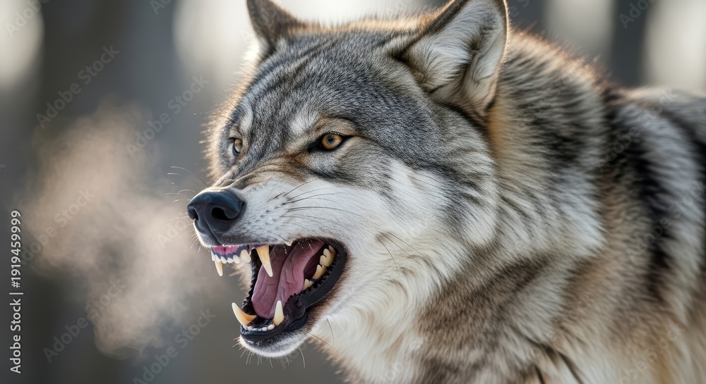 Fototapeta premium Majestic grey wolf snarling in winter forest showing sharp teeth, capturing predatory instinct and wild beauty