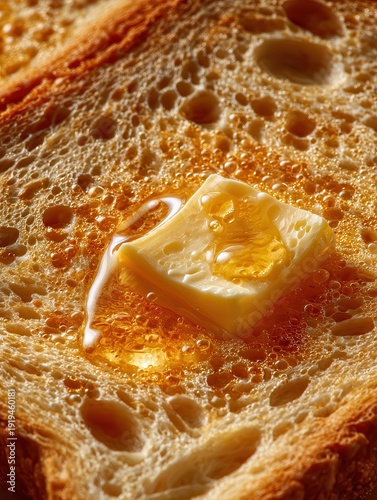 Melting Butter on Hot Toast Close Up with Golden Bubbles and Steam
