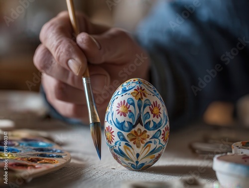 Close Up of Hand Painting Traditional Easter Egg with Floral Pattern