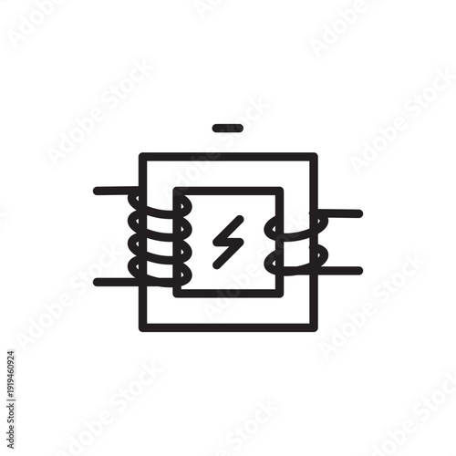 Step-down transformer icon. Voltage reduction, representing secondary winding hardware, grid distribution safety, electromagnetic induction, local power substations, and electrical engineering.