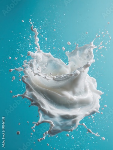 Dynamic Coconut Milk Splash Frozen Mid Air on Turquoise Background
