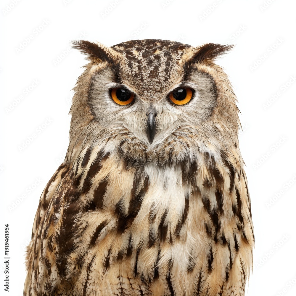 Obraz premium Majestic eurasian eagle-owl with piercing orange eyes on white background