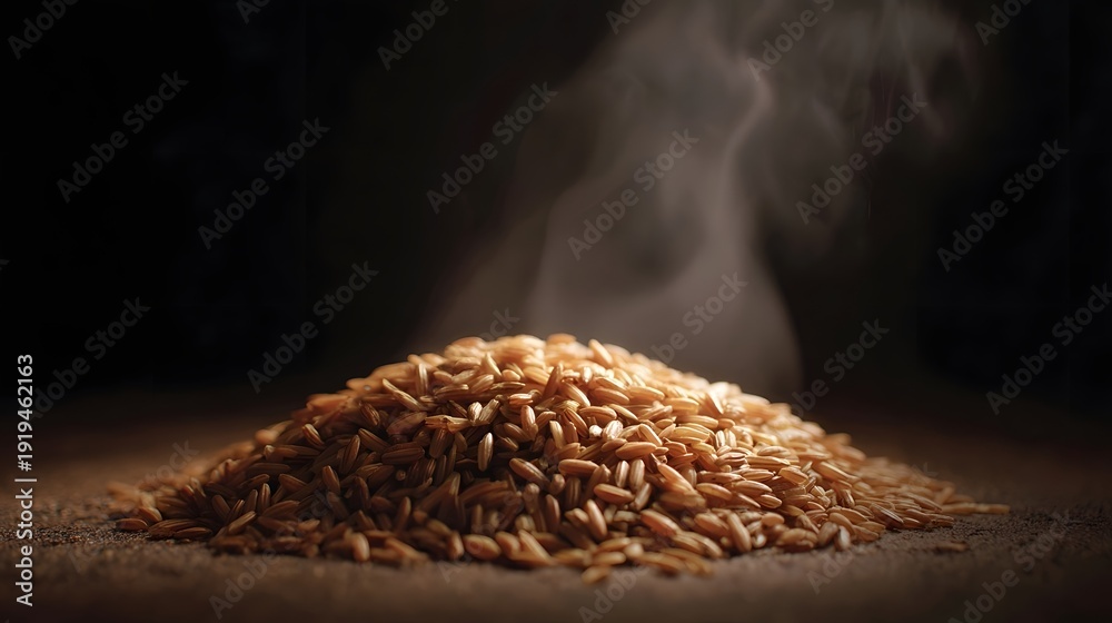 Obraz premium Close up of a steaming pile of uncooked brown rice grains artfully illuminated with dramatic spotlighting against a dark moody background