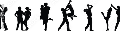 Silhouette romantic couples in expressive poses, black vector illustration, love artwork, partner connection design, stock graphic, emotional celebration theme