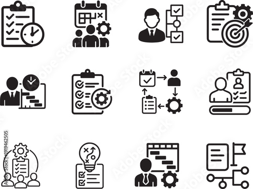   Project management pictogram icons in flat line style for planning, workflow and team tracking.