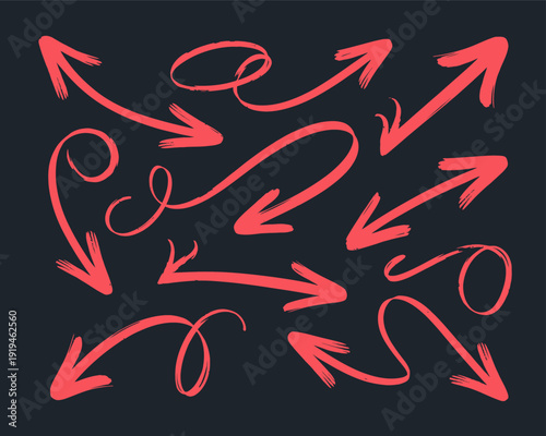 A chaotic arrangement of red arrows pointing in various directions on a dark background