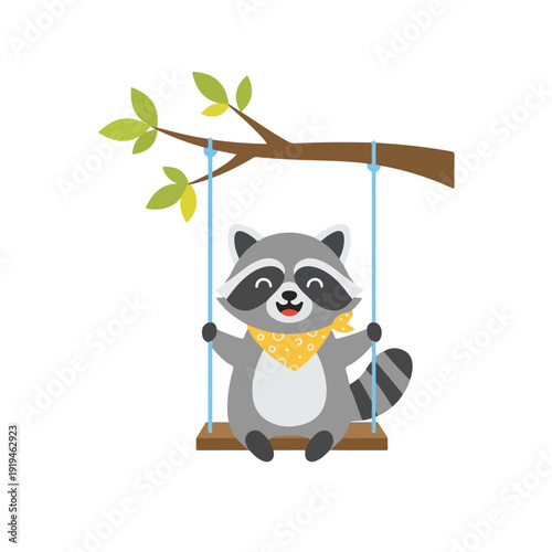 A cute, happy cartoon raccoon wearing a yellow bandana sits on a wooden swing hanging from a tree branch with green leaves.